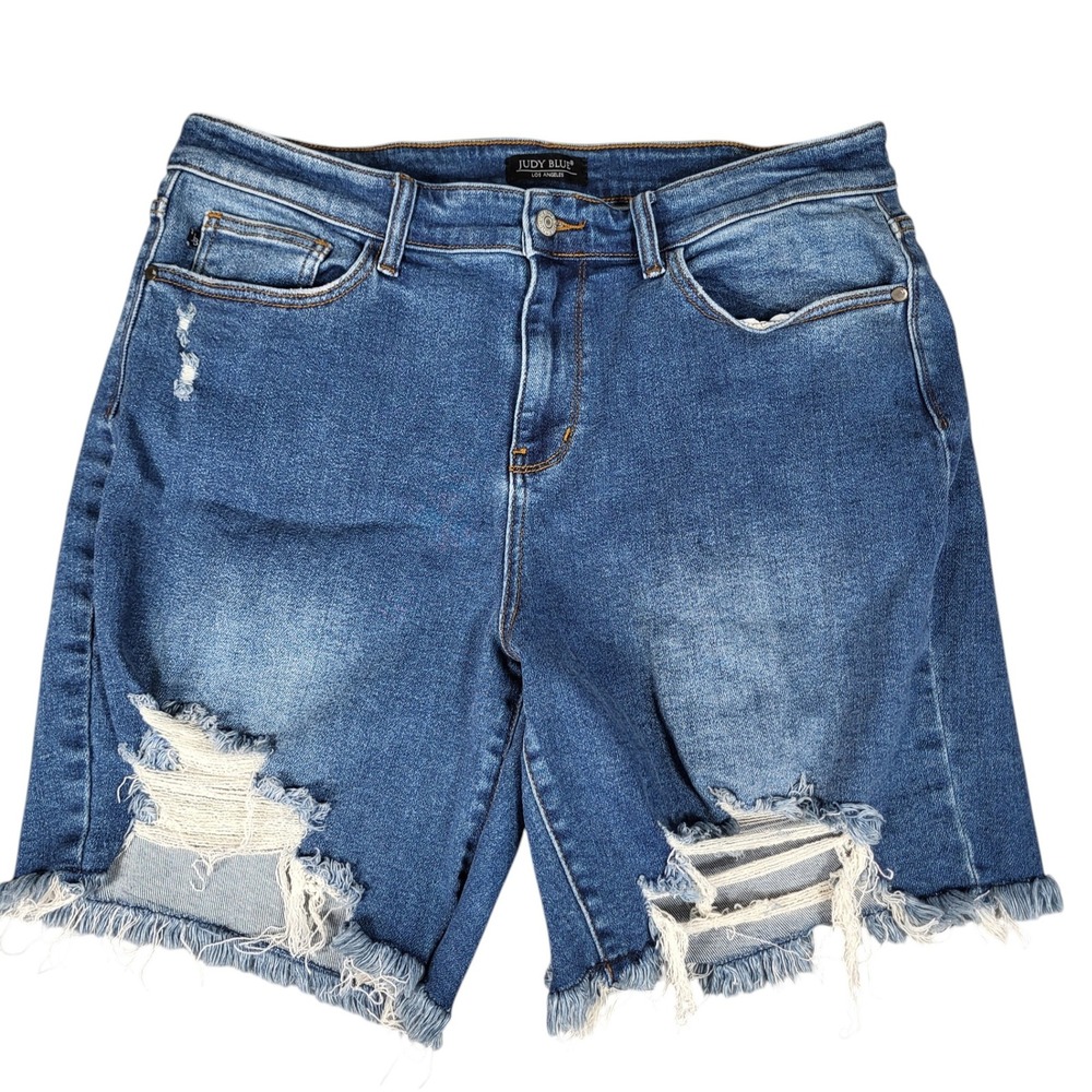 Judy Blue Shorts Womens 2XL (Fits 36x8) Distressed Frayed Hem Bermuda Denim Blue
